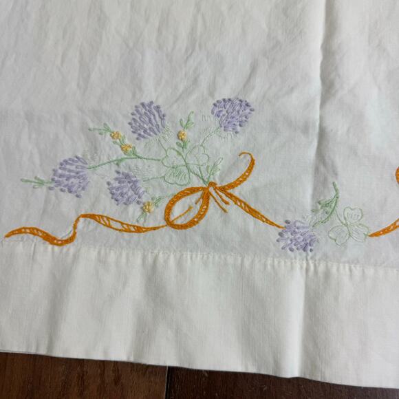 Vintage Pale Yellow Hand Embroidered flower orange ribbon COTTON pillow case - Picture 5 of 6